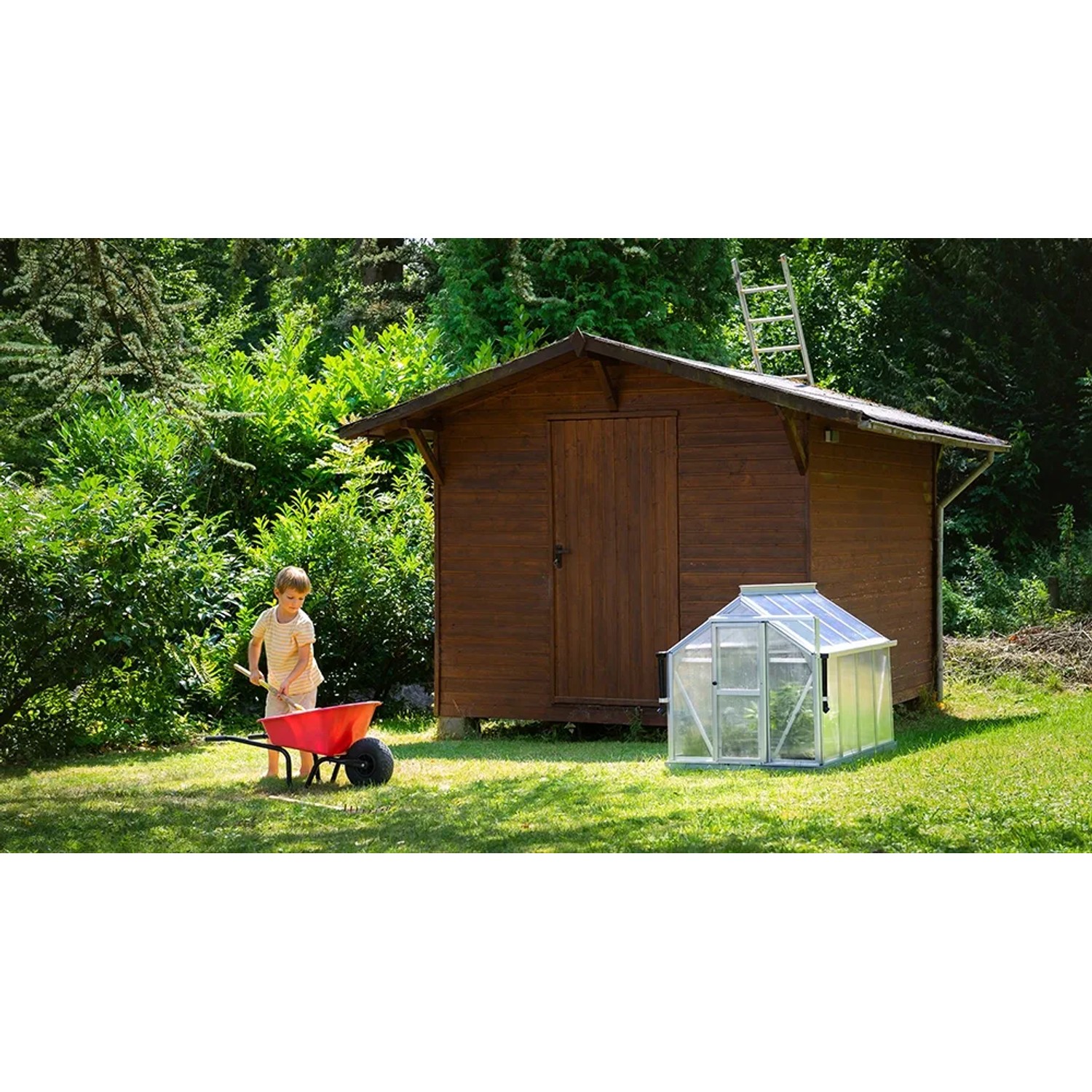 Vitavia Minigewächshaus Merlin neben Gartenhaus, Kind mit Schubkarre im Garten.