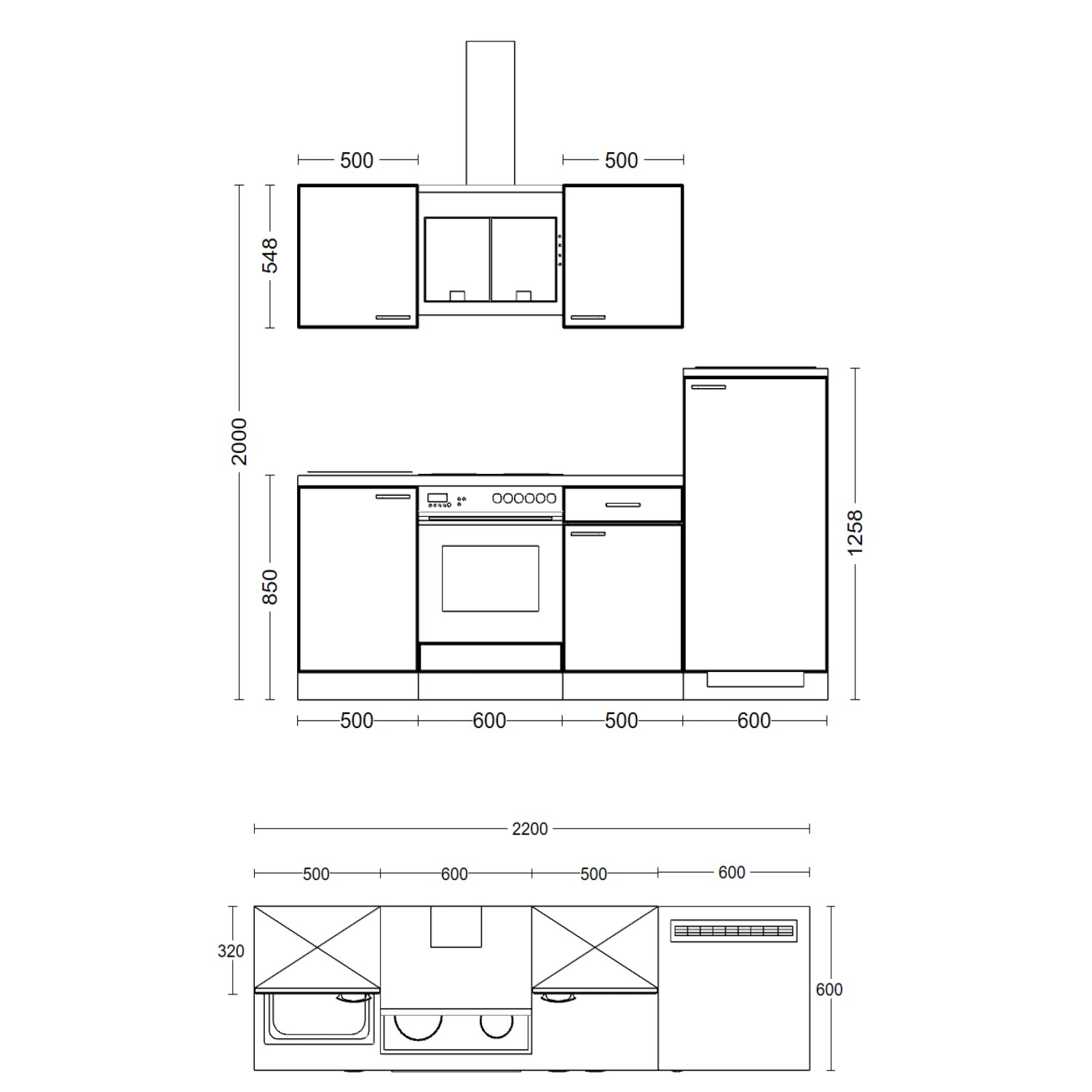 Skizze der Flex-Well Classic Küchenzeile Lucca, 220 cm, in Weiß matt und Caledonia Dekor mit Maßangaben.
