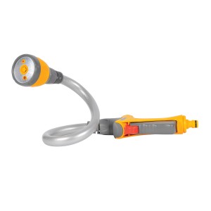 Hozelock Flexi Spray 4in1 Gartenbrause mit flexiblem Schlauch und gelb-grauem Griff.