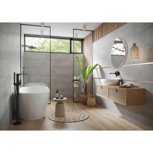 Badezimmer mit grauen Cersanit Trako Wandfliesen (29,8x59,8 cm) im modernen Boho-Stil.
