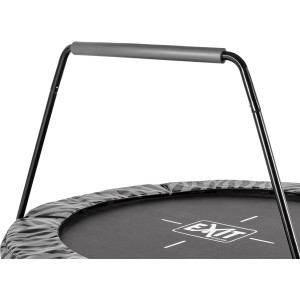 Detailaufnahme: Schwarz-graues EXIT Tiggy Junior Trampolin Ø140cm mit Haltebügel.