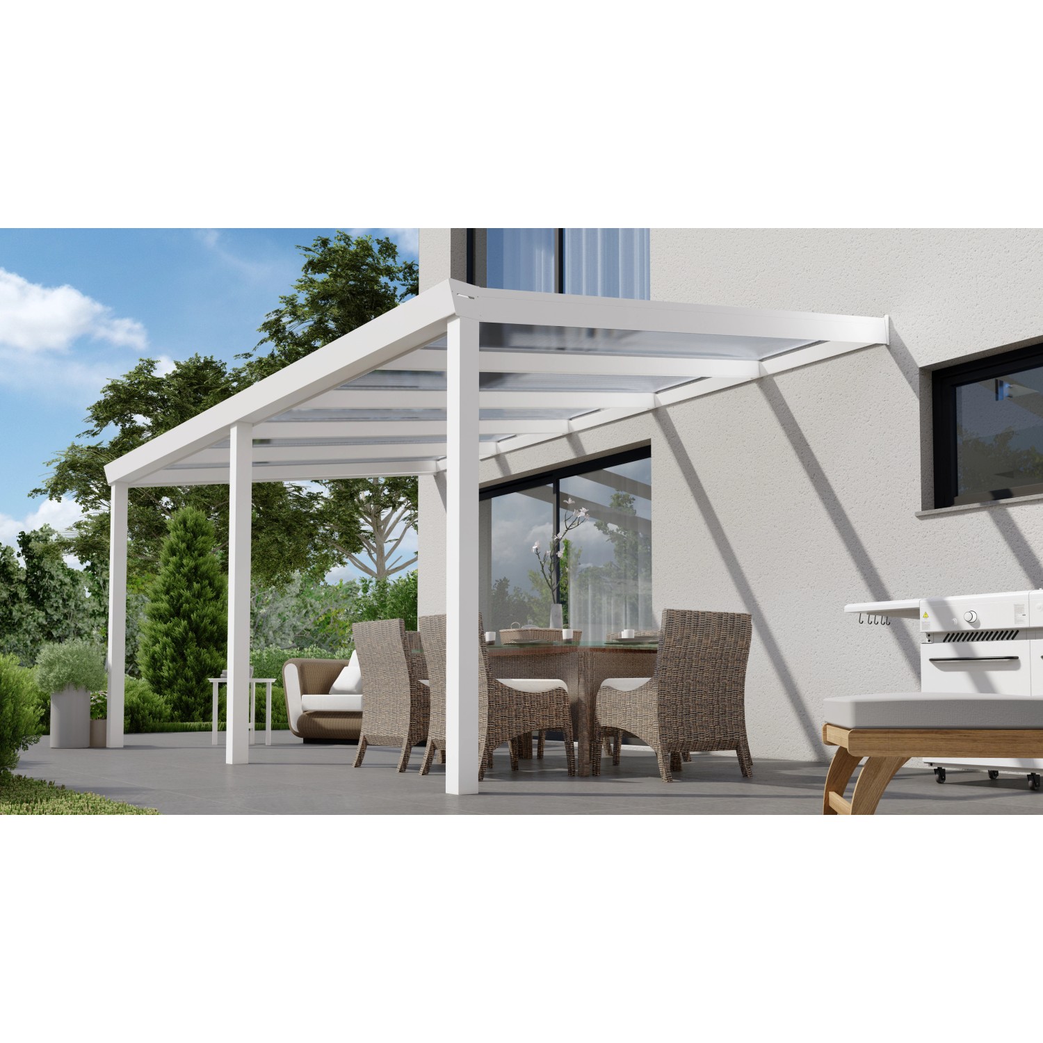 Weiße Terrassenüberdachung Professional 500x300 cm mit klarer Polycarbonat-Platte.