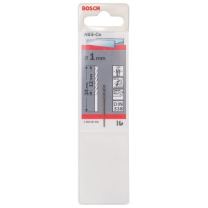 Bosch HSS-Co Metallbohrer, 1 mm, in Verpackung. Spiralbohrer für Stahl, hitzebeständig.