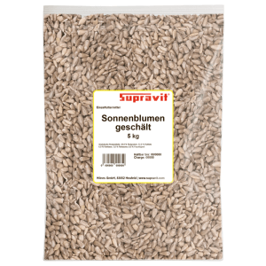 Transparenter Beutel Supravit geschälte Sonnenblumenkerne 5 kg als energiereiches Wildvogelfutter für Gartenvögel.