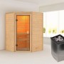 Woodfeeling Sauna Antonia mit Ofen und Glastür, Massivholzsauna für entspannende Saunaerlebnisse.