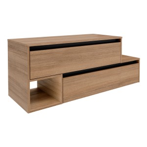 Fackelmann Waschbeckenunterschrank Vita in Oak/Schwarz mit zwei Schubladen und offenem Fach.