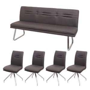 MCW Essgruppe, braun-grau: 4 Stühle, 1 Bank, Textilbezug, Edelstahlgestell, 180 cm