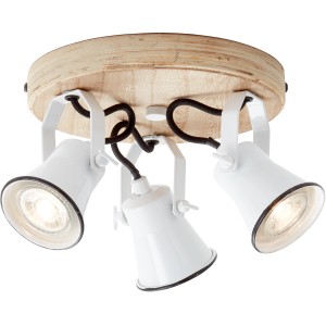 Weiße 3-flammige Wandlampe Seed GU10 mit Holzrondell im Landhausstil.