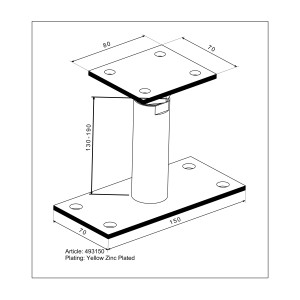 Zeichnung: Höhenverstellbarer Stützenschuh zum Aufschrauben, 130-190 mm, gelb verzinkt.