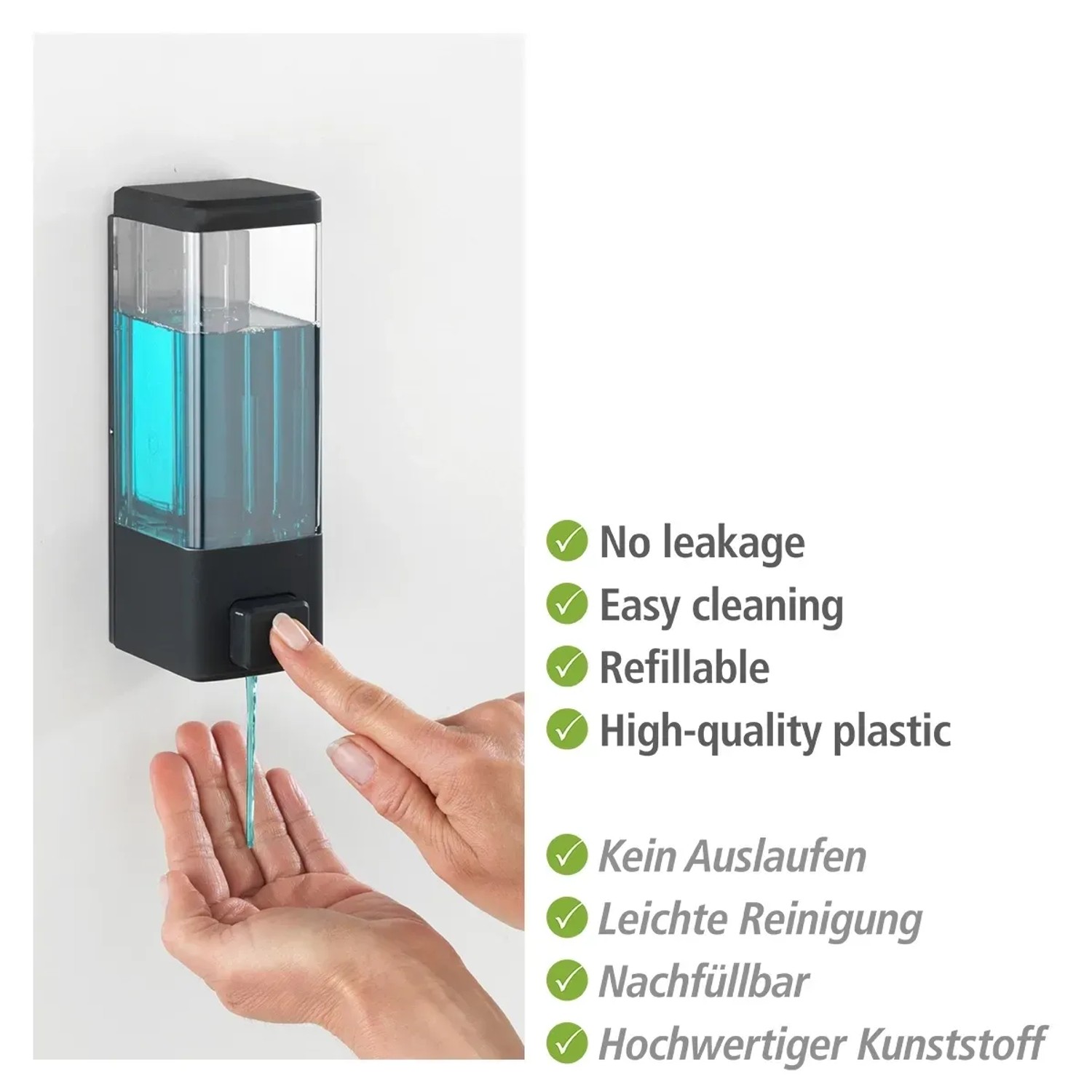 Wenko Desinfektionsmittelspender Istres, 320 ml, schwarz, mit Hand unter dem Spender.