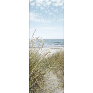 Glasbild Ocean View: Strandhafer, Sand und Meer unter blauem Himmel, 80x30 cm.