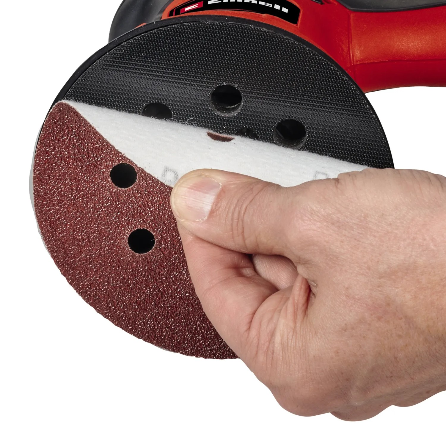 Detailaufnahme: Schleifpapierwechsel beim Einhell TC-RS 425 E Exzenterschleifer.