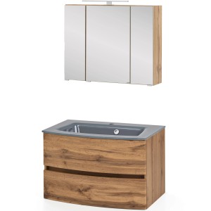2-tlg. Badmöbel-Set Salerno in Wotaneiche mit grauem Glasbecken und Spiegelschrank.