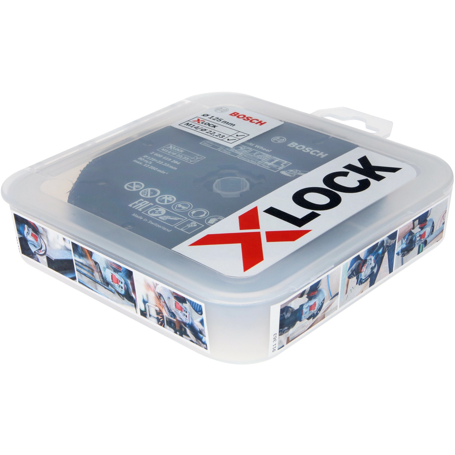 Bosch X-Lock Trenn- und Fächerschleifscheiben-Set 125mm CMW im transparenten Kunststoffbehälter.