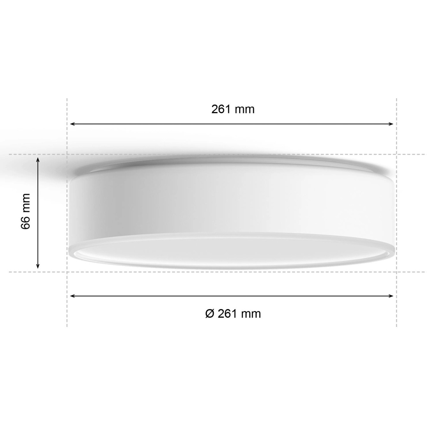 Weiße, runde Philips Hue Enrave Deckenleuchte (950 lm) mit Maßangaben für Durchmesser und Höhe.