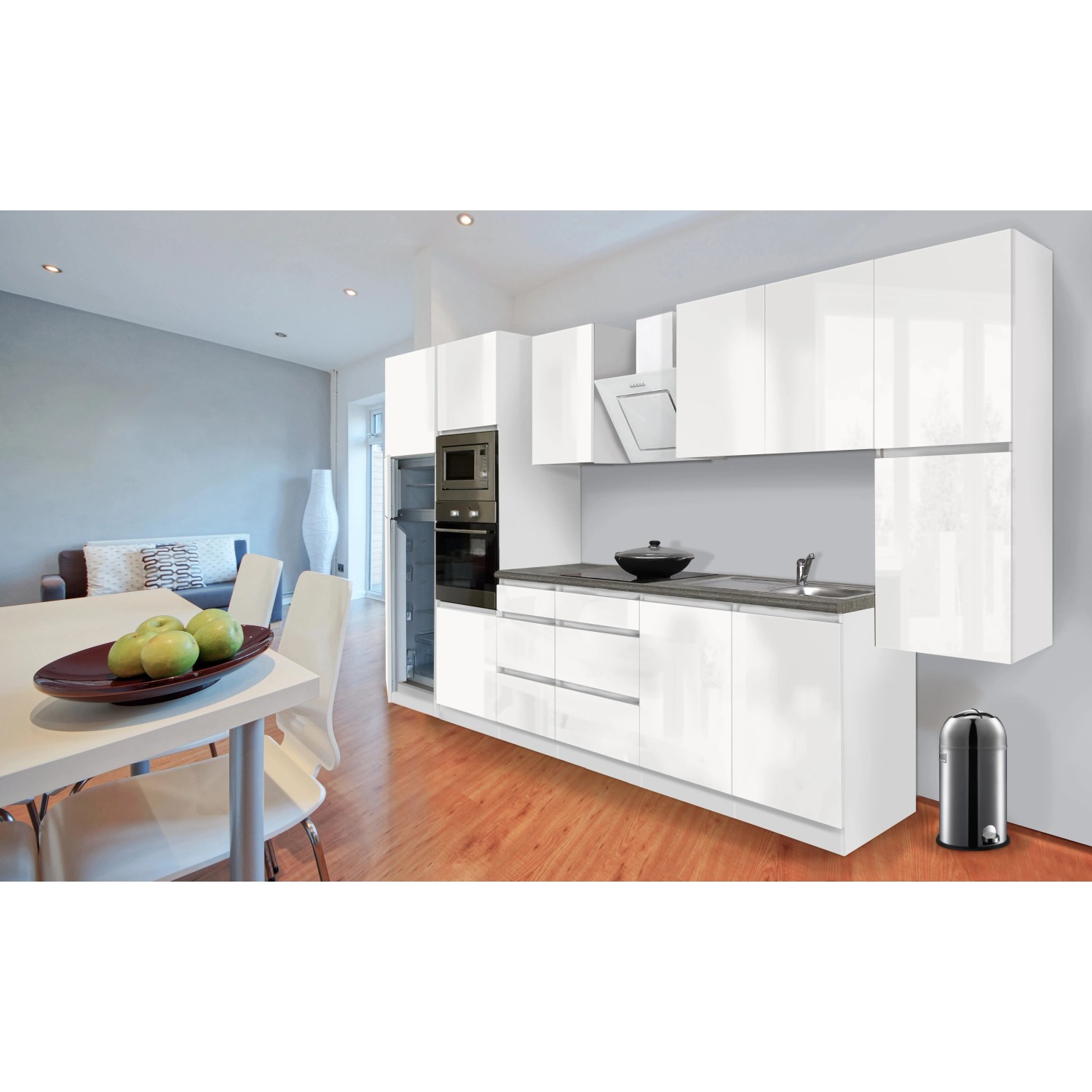 Respekta Premium Küchenzeile, 385 cm, Weiß Hochglanz, mit E-Geräten. Moderne Einbauküche.