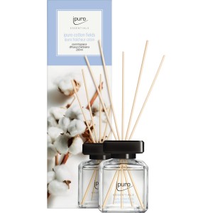 ipuro Raumduft Cotton Fields, 200ml. Raumduft mit Holzstäbchen in Glasflasche vor Verpackung.