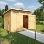 Unbehandeltes Weka Gartenhaus 264 mit Pultdach und geöffneten Türen. Im Inneren ein Fahrrad.