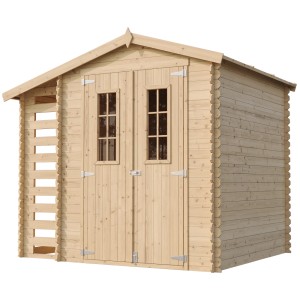 Timbela Holz-Gartenhaus M386C mit Brennholzregal, 4,5 m², unbehandeltes Holz.
