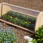 Transparente Verglasungsfolie primus auf Frühbeet mit Blumen im Garten.