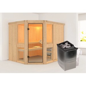 Karibu Sauna Anina 3 aus Fichte mit Ofen und integrierter Steuerung.