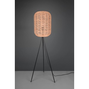 Moderne Trio Stehlampe Runa in Schwarz-Braun mit Sisal-Schirm für gemütliches Licht.