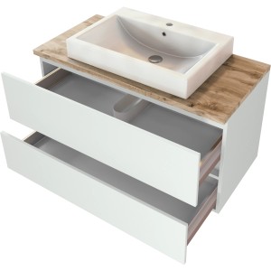 Held Möbel Einzelwaschtisch Ferrara, 100 cm, Weiß Matt, mit offenen Schubladen und Keramikwaschbecken.