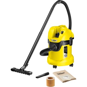 Kärcher Akku-Mehrzwecksauger WD 3 Battery, gelb, mit Zubehör wie Düse und Filter.