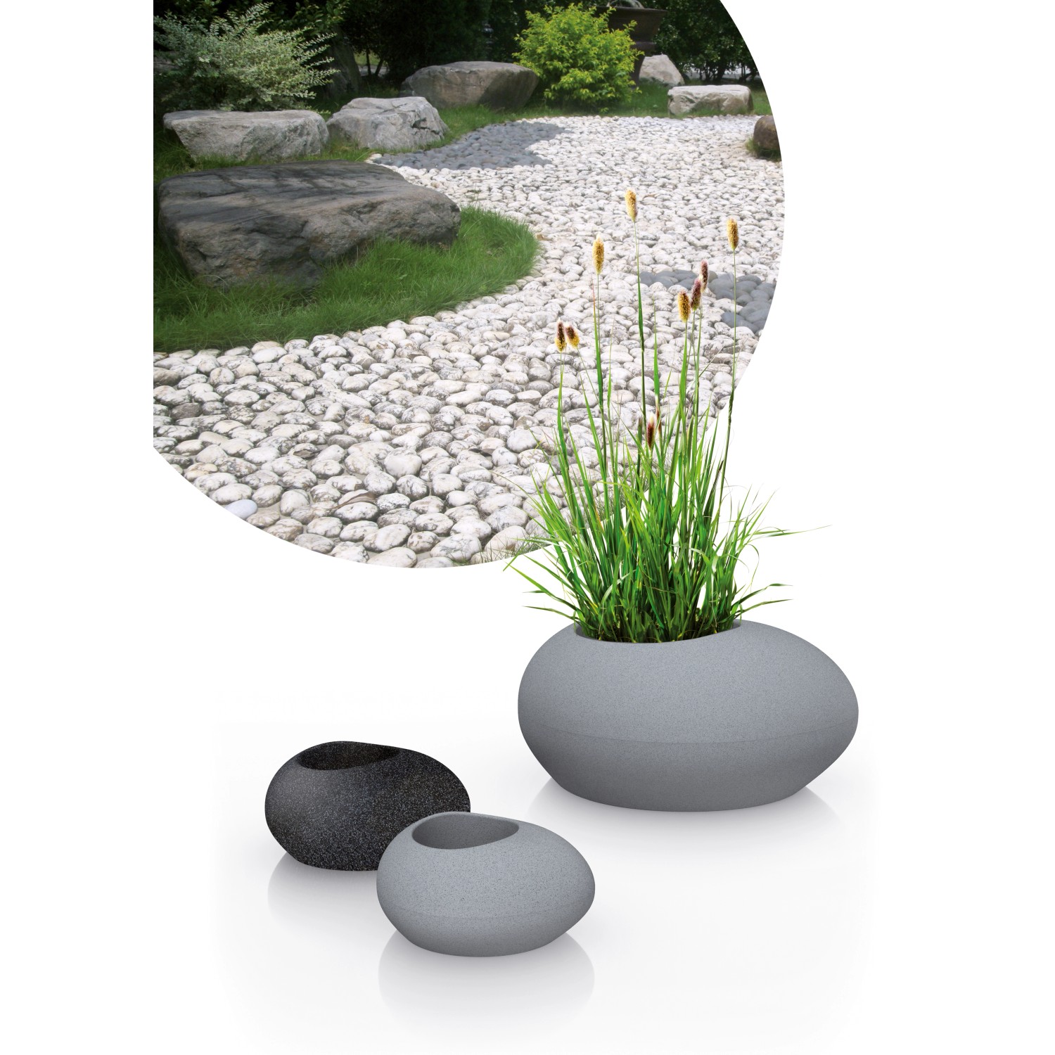 Scheurich Flow Pflanzgefäße in Stony Black und Grau, organische Form, für Garten und Terrasse.
