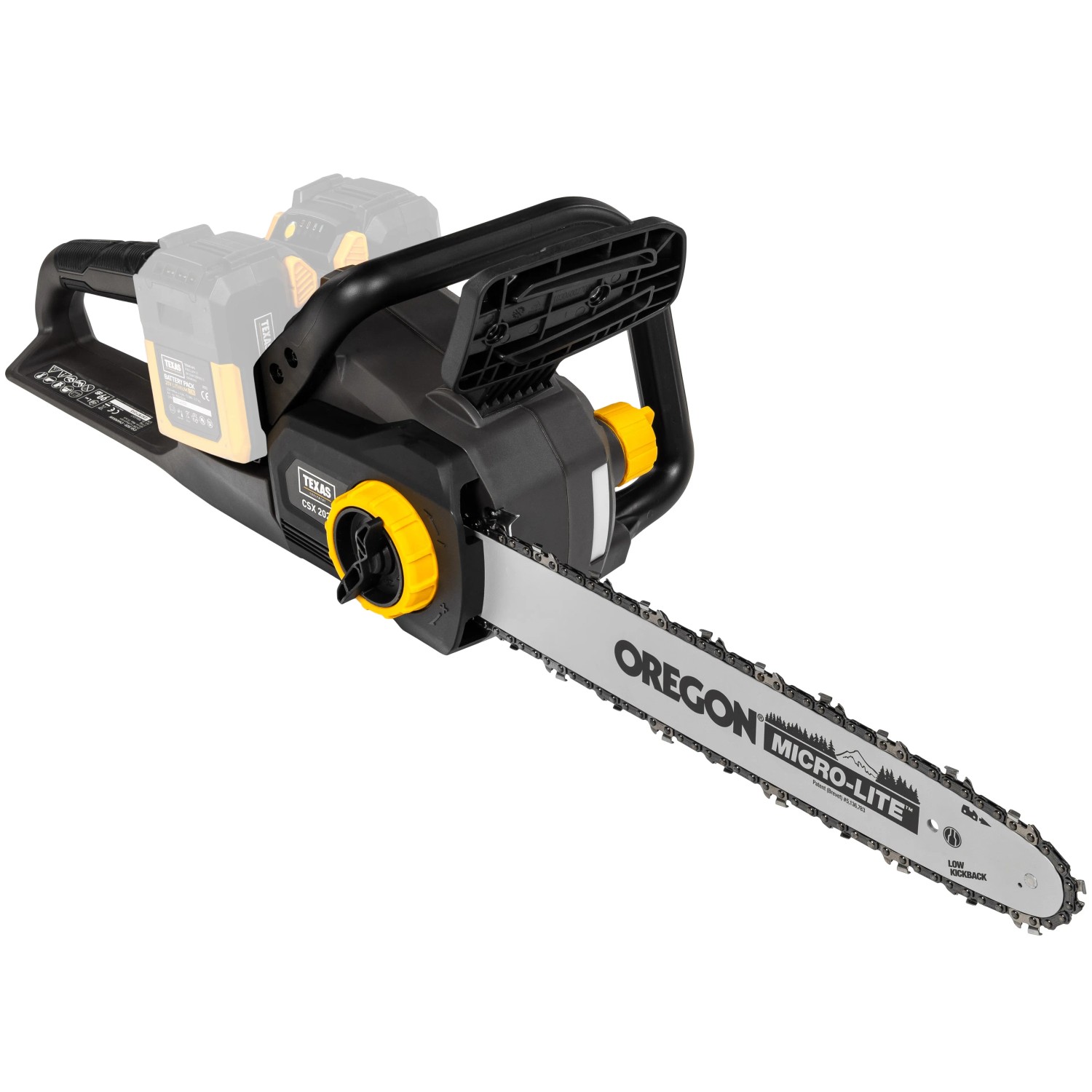 Texas 20V Akku-Kettensäge CSX2020 mit 40cm Oregon Schwert. Ideal für vielseitige Schneidarbeiten.