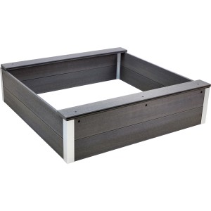 Quadratischer, grauer Sandkasten aus WPC, 110x110x32 cm, für Kinder zum Spielen im Garten.