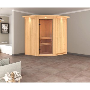 Karibu Sauna Tjorven mit Ofen, Glastür und LED-Dachkranz im Raum.