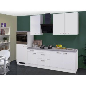 Moderne, weiße Flex-Well Küchenzeile Joelina 270 cm mit Beton-Arbeitsplatte und E-Geräten.