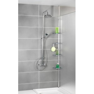 Wenko Teleskop-Duschecke Compact, silbernes Aluminium-Regal mit vier Ablagen in der Dusche.