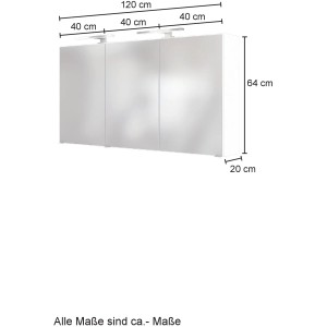 Held Möbel Bari Spiegelschrank, 120 cm, Graphitgrau, mit Maßen. Badezimmerschrank mit drei Spiegeltüren und Aufsatzleuchten.