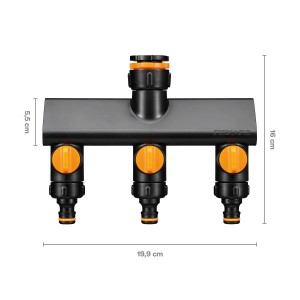 Fiskars 3-Wege-Ventil für Sprinkler-Systeme, Schwarz-Orange, mit drei Anschlüssen und unabhängigen Ventilen.