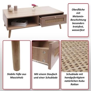 MCW Couchtisch M39: Wohnzimmertisch mit Schublade aus Kubu Rattan und Ablagefach.