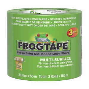 3er-Pack FrogTape Feinkrepp-Malerband Multi-Surface, 36mm x 55m, für scharfe Farbkanten.
