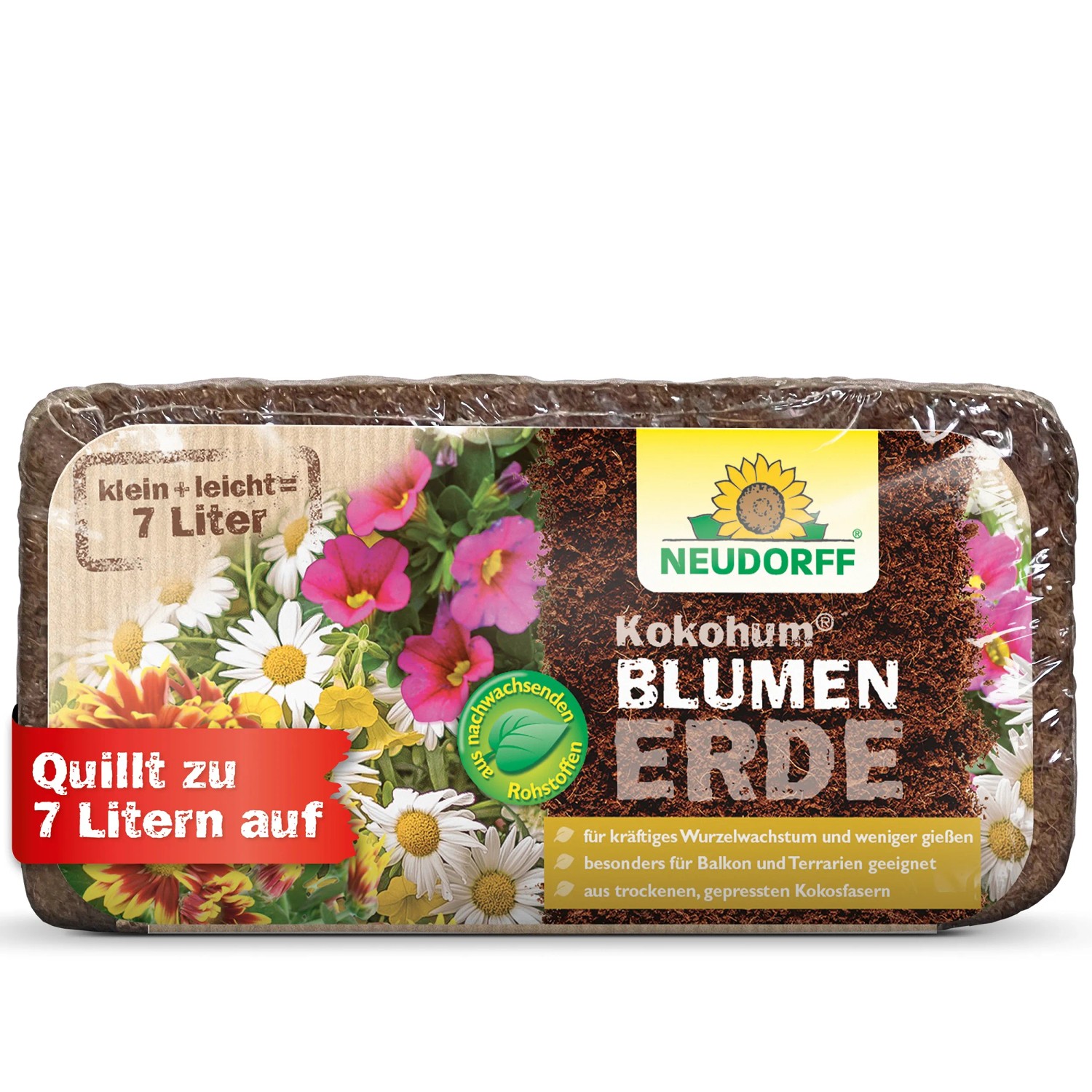 Neudorff Kokohum Blumenerde Brikett, 7L, torffreie Kokoserde für Blumen und Aussaaten.