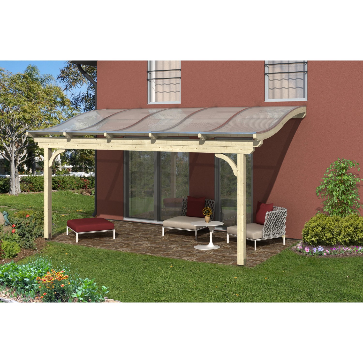 Skan Holz Terrassenüberdachung Verona aus Leimholz mit Doppelstegplatten, naturbelassen.