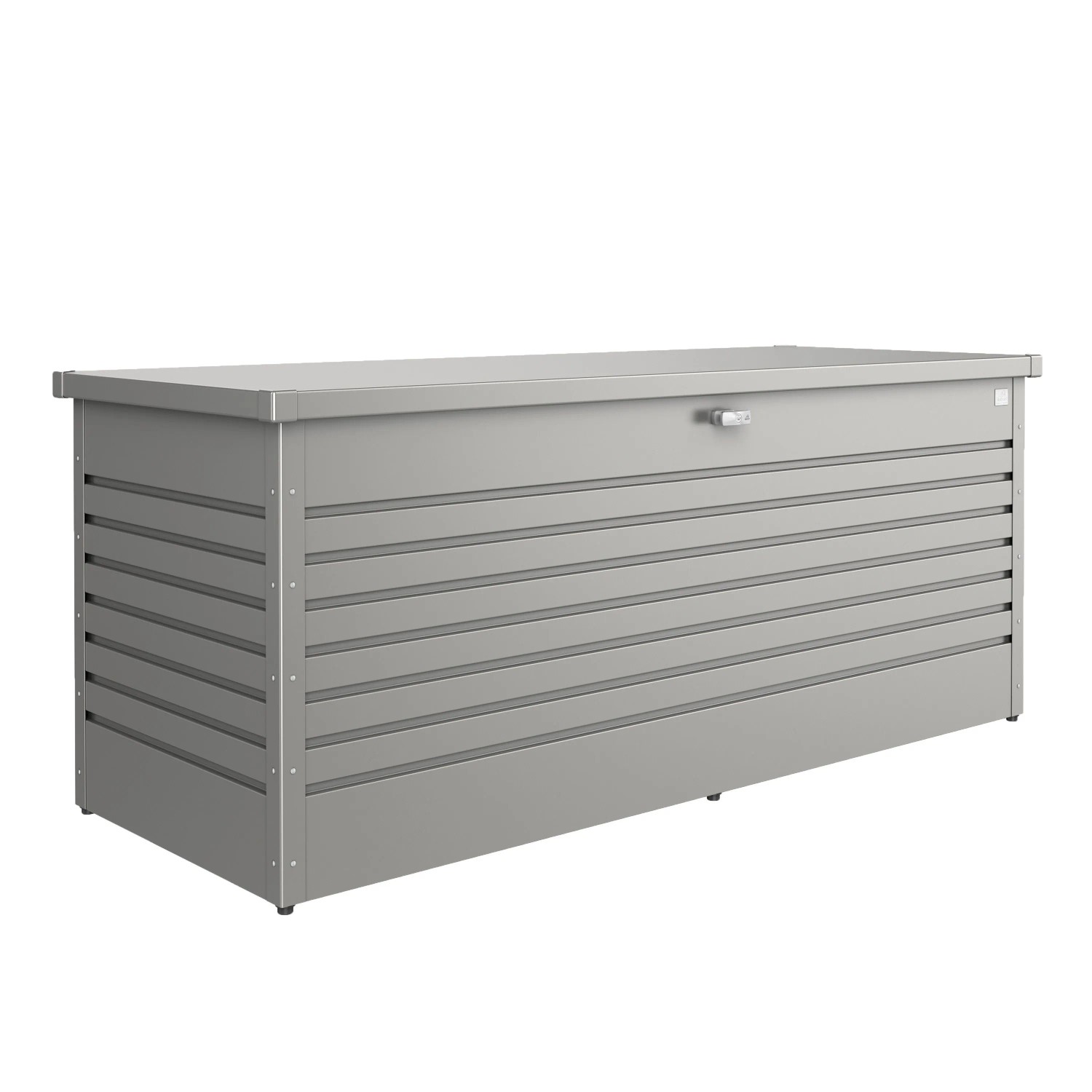 Rechteckige, quarzgrau-metallic Biohort FreizeitBox 200 aus Stahlblech. Regenwasserdichte Universalbox mit Schloss und Gasdruckfeder.