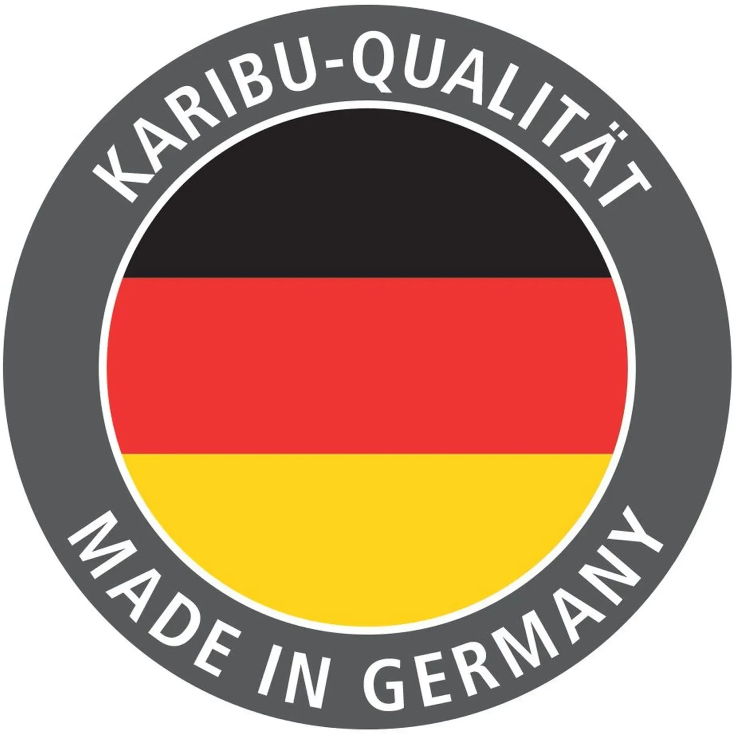 Karibu Qualitätssiegel: Made in Germany. Deutsche Flagge im Kreis.