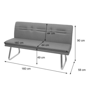 Grau-braune Esszimmerbank, 160 cm breit, mit Edelstahlgestell. Teil einer Essgruppe.