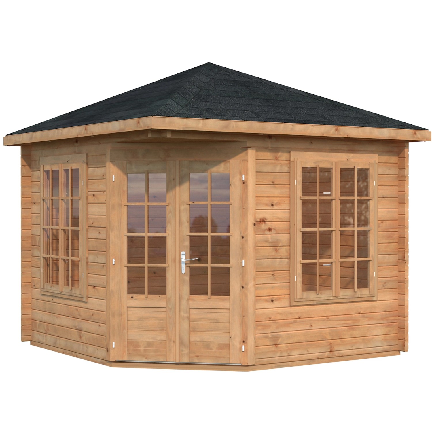 Palmako Holz-Pavillon Melanie, braun, 330x330 cm, mit Doppeltür und Fenstern. Gartenlaube aus Holz.