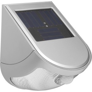 Silbergraue LED-Solar Wandleuchte mit Bewegungssensor aus Kunststoff.