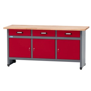 Küpper Werkbank mit 3 Schubladen, 3 Türen, dunkelrot, Arbeitsplatte aus Buchenholz.