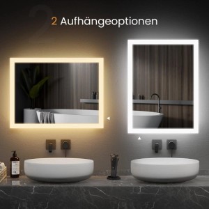 Emke LED Badspiegel 80x60cm, horizontal mit Warmweißlicht, vertikal mit Kaltweißlicht. Zeigt 2 Aufhängeoptionen im Bad.
