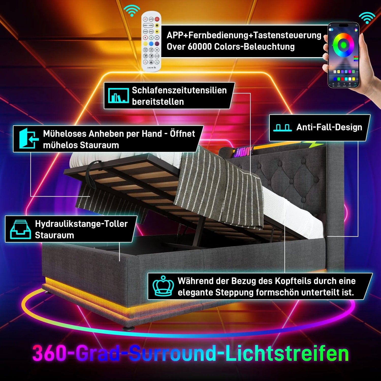 okwish Polsterbett 90x200cm mit LED USB C Einzelbett Grau mit Matratze_7