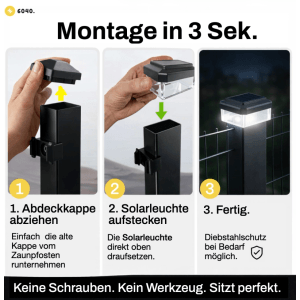 Solar Zaunleuchte LED: Einfache Montage auf 60x40mm Zaunpfosten. Hand setzt schwarze Leuchte auf, leuchtet neutralweiß.