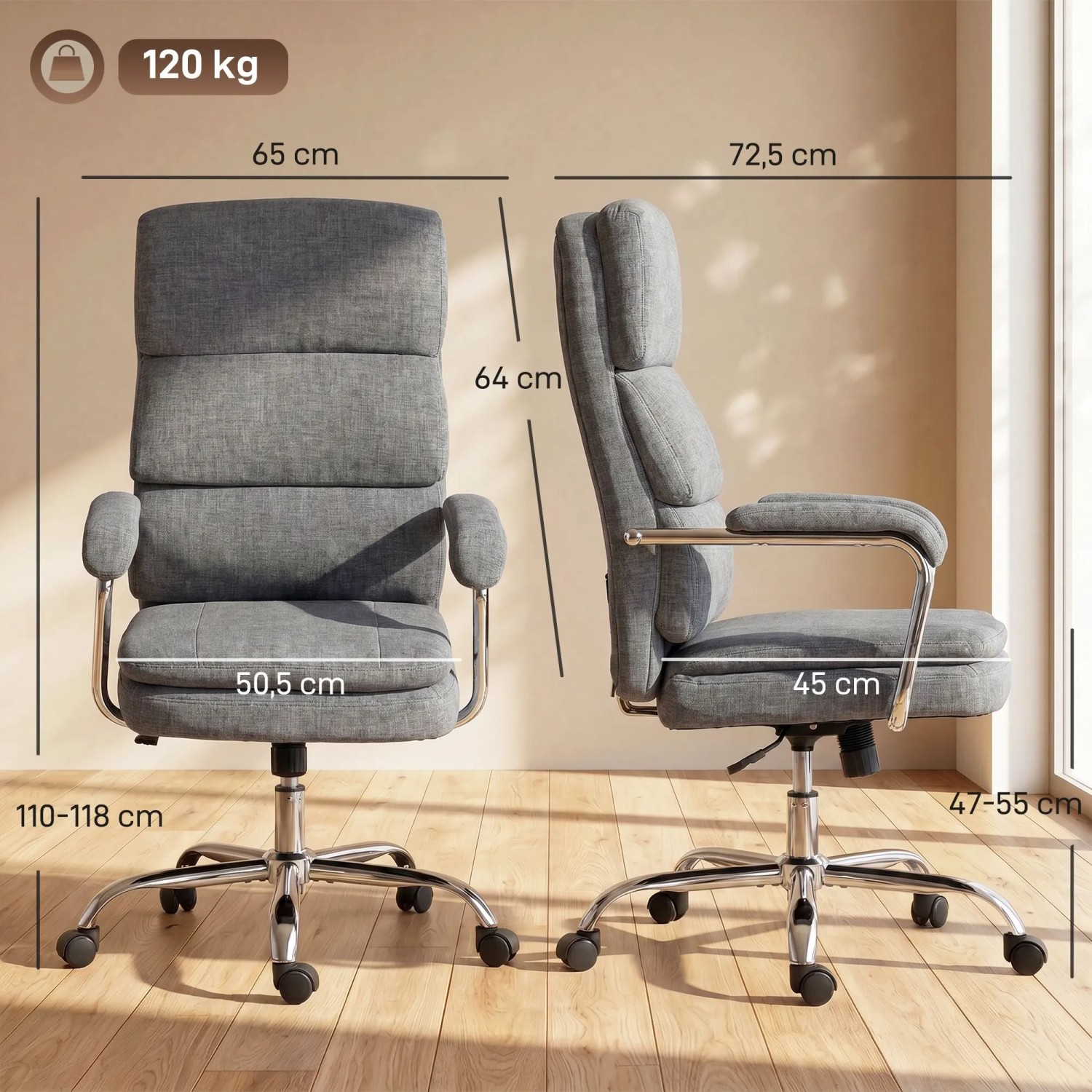 Grauer HOMCOM Bürostuhl aus Chenille-Stoff, ergonomisch gepolstert, höhenverstellbar, drehbar, mit Wippfunktion.